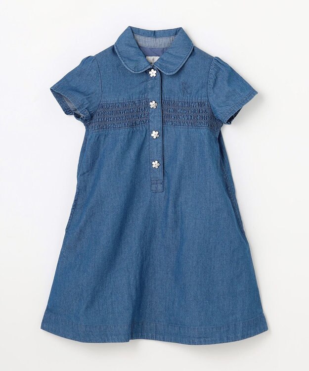 組曲 KIDS 【100㎝】 フラワーボタンデニムワンピース ネイビー