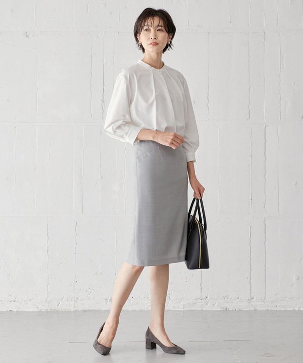 J.PRESS LADIES L ピンヘッドストレッチ フレアースカート ライトグレー系