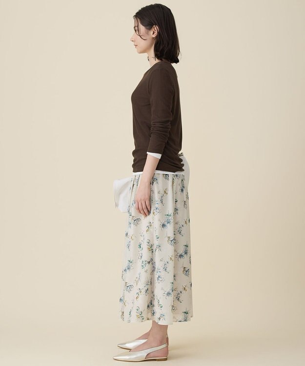 自由区 L エアリーローン花柄プリント スカート ベージュ×ブルー