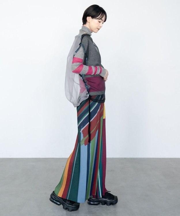 COQ DIALOGUE 前後2WAYプリーツパンツ グリーンマルチカラーストライプ