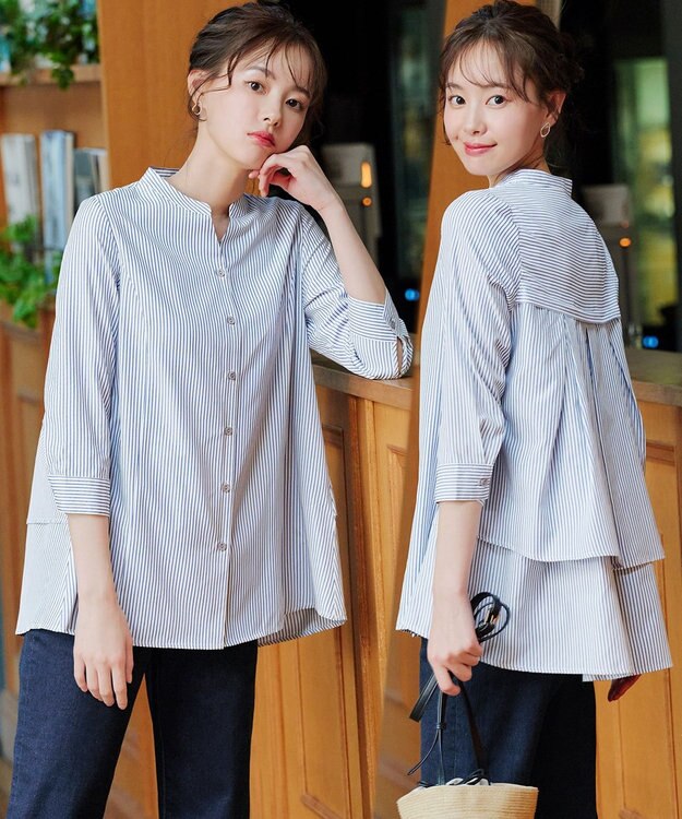 Tiaclasse L 【洗える】バックタックフレアチュニック ネイビーストライプ