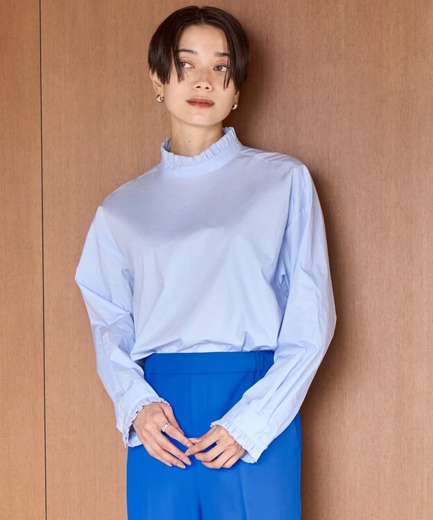 UNFILO イージーケア フリルネック シャツ スカイブルー