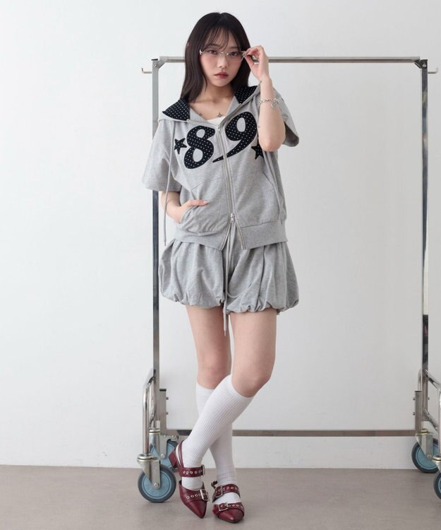 WEGO グラフィック半袖ZIPパーカー 杢グレー