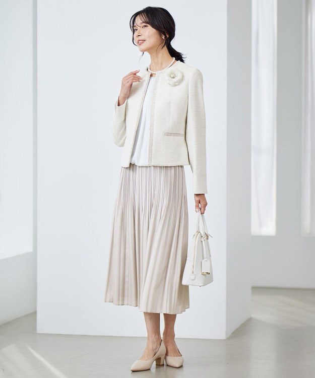 23区 【セットアップ対応】ライトシャインツイード ノーカラー ジャケット アイボリー系