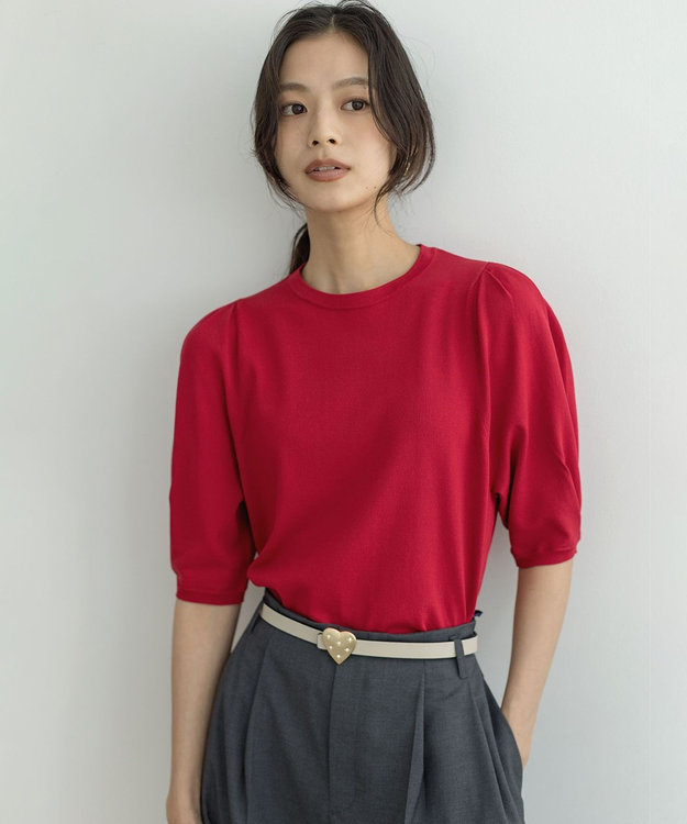 組曲 クルミボタン5分袖ニット レッド系