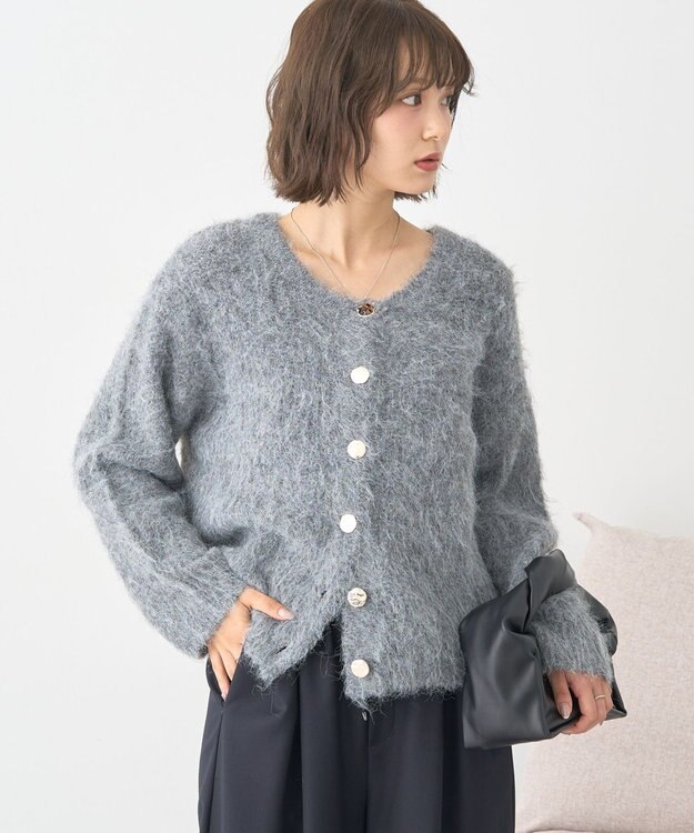 earth music&ecology クルーネックシャギーカーディガン グレー