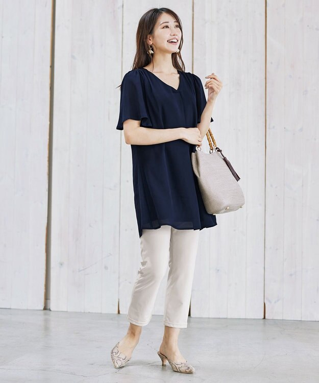 Tiaclasse フレアスリーブチュニックブラウス ネイビー