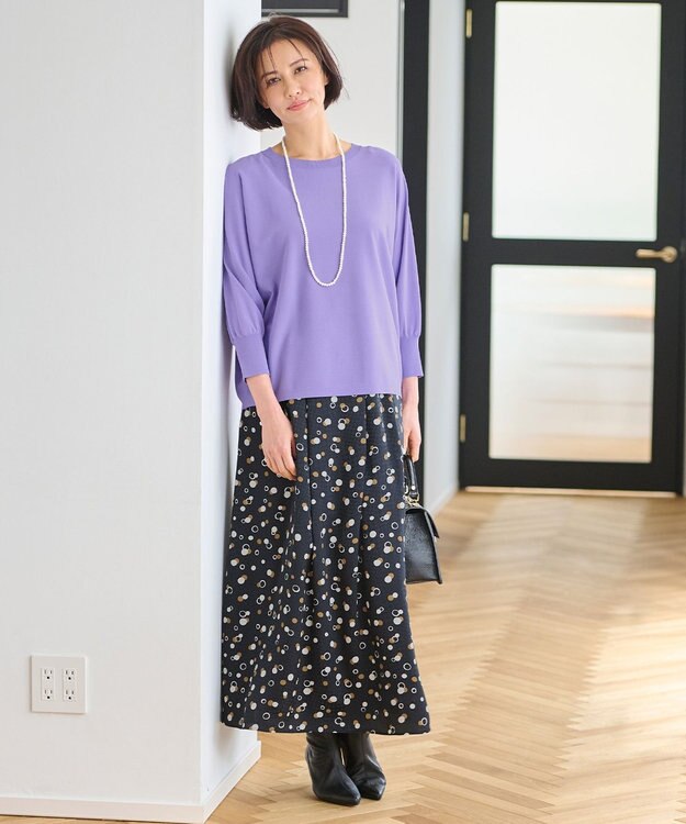 自由区 【洗える】クレープストレッチドルマンスリーブ7分袖 ニット パープル系