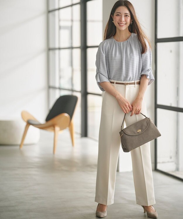 組曲 L 【WEB限定】ボーダージャガード タック袖ブラウス ダスティブルー系