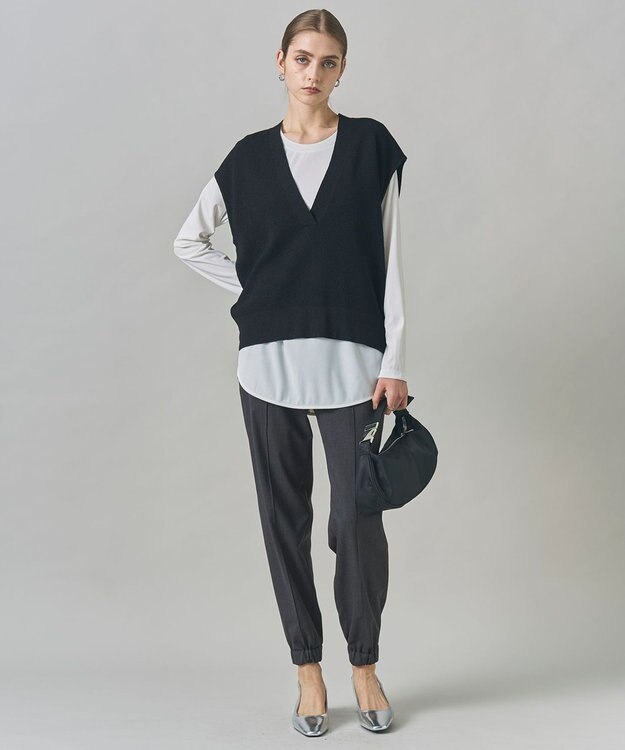 ICB L 【洗える】 ウールテンセルミニブークレ ニットベスト ブラック系