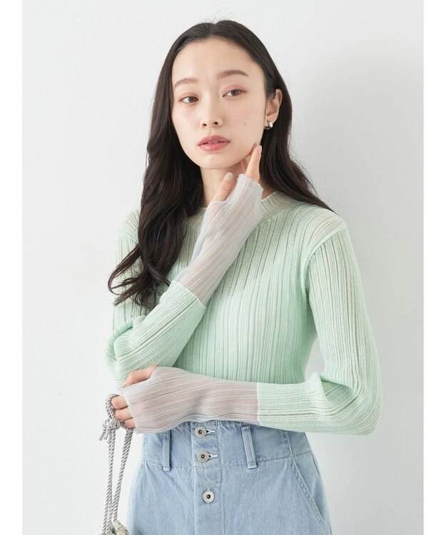 earth music&ecology シアー配色リブプルオーバー Green