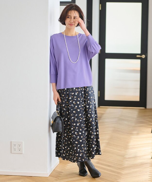 自由区 【洗える】クレープストレッチドルマンスリーブ7分袖 ニット パープル系