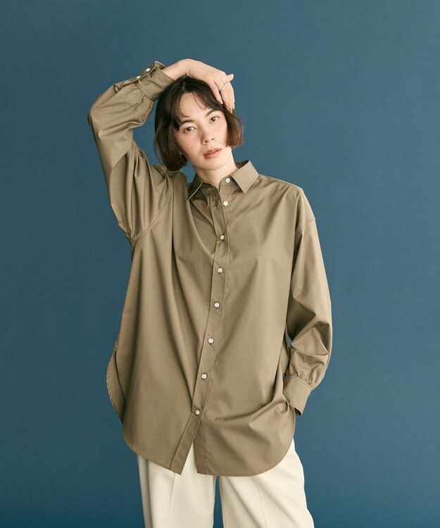 #Newans 【洗濯機可】ロールアップカフスシャツ カーキ