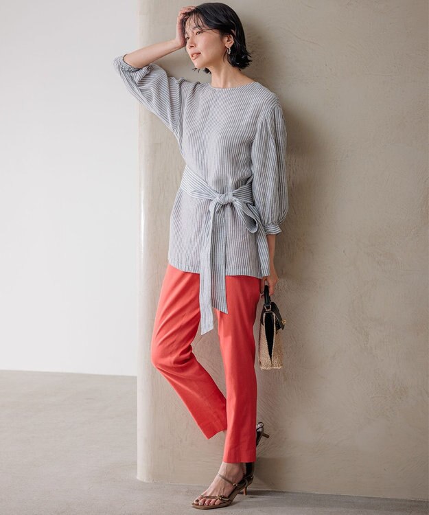 23区 【洗える】LIBECO ベルト付き ブラウス カーキストライプ