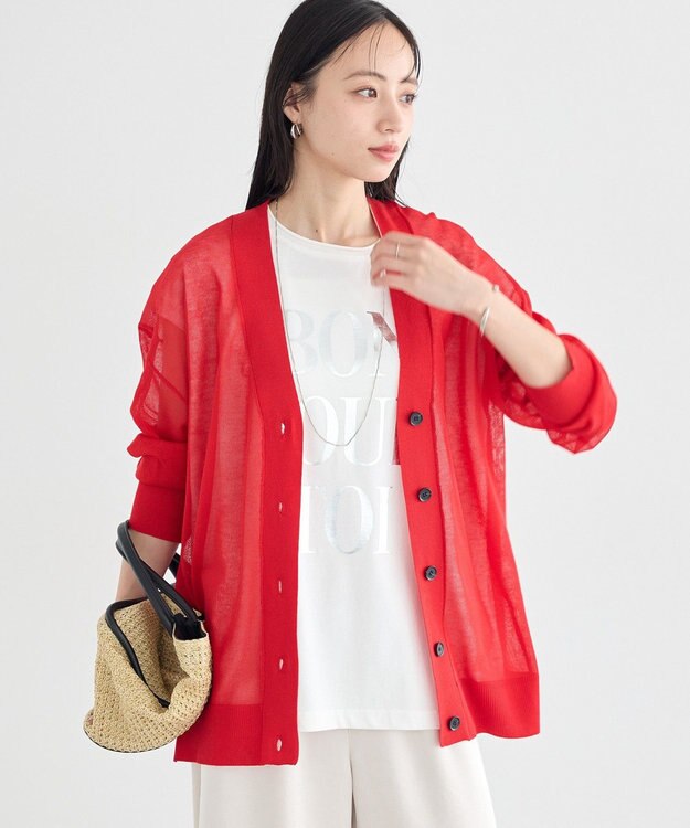 earth music&ecology シアーＶネックカーディガン Red