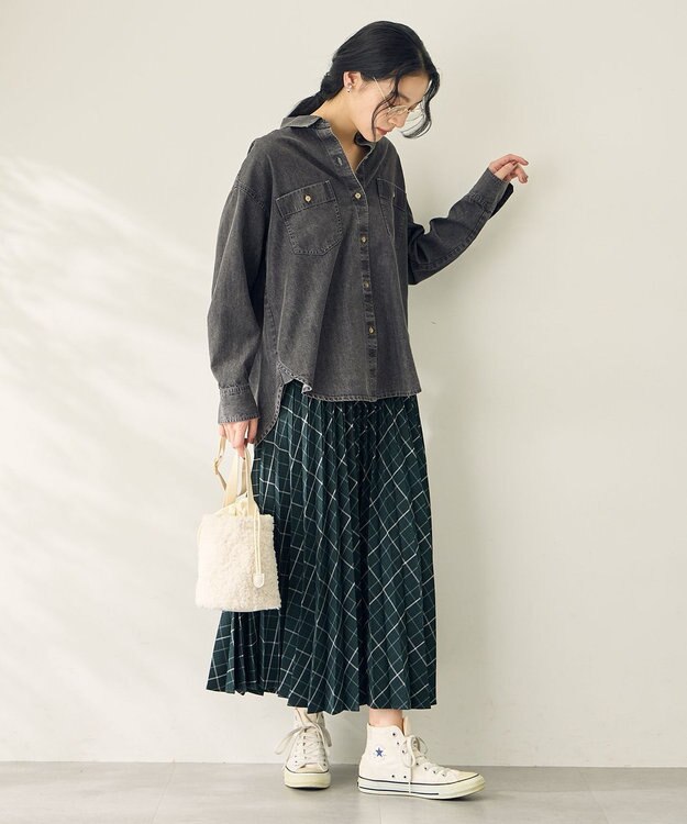 ANY 【新色追加/ウエストゴム】ウーリッシュプリーツスカート グリーン系チェック