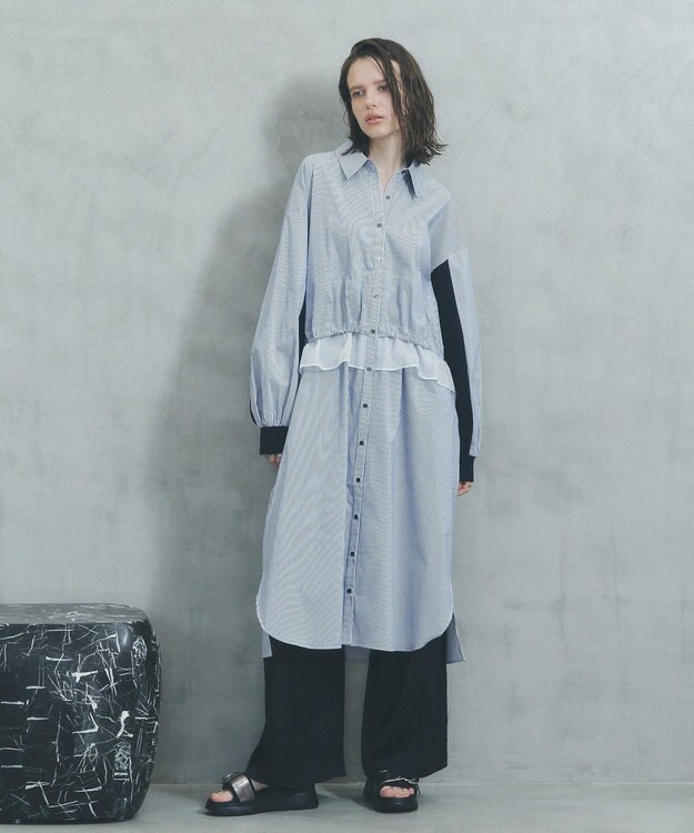 YECCA VECCA シアーMIXドロストデザインシャツワンピース Stripe