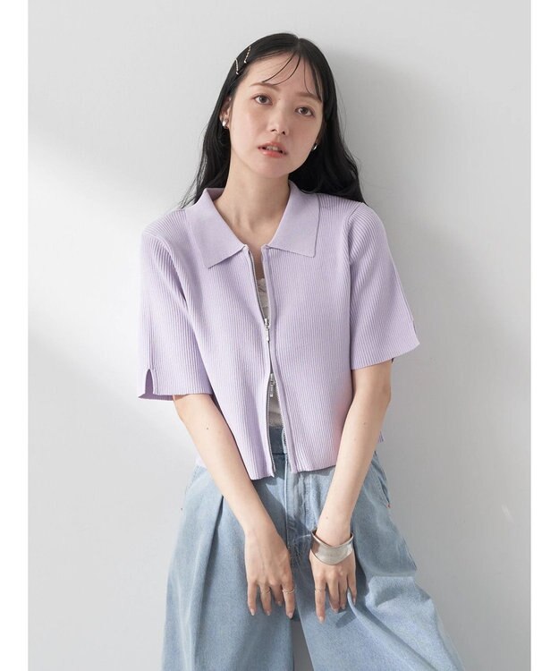 earth music&ecology 衿付きダブルＺＩＰカーディガン Lavender