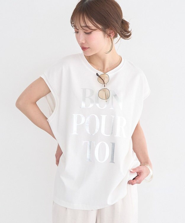 earth music&ecology 【綿100％】フレンチスリーブプリントＴシャツ Off White
