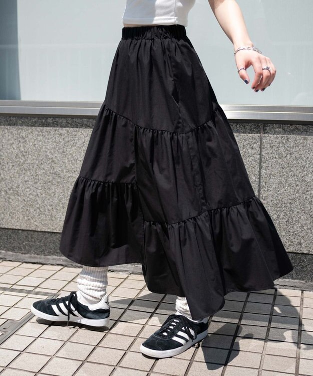 WEGO 【ウエストゴム】ランダムフリルロングスカート ブラック