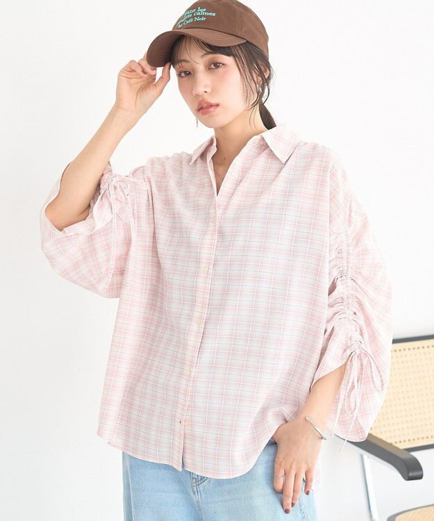 earth music&ecology シャーリングスリーブチェックシャツ Pink