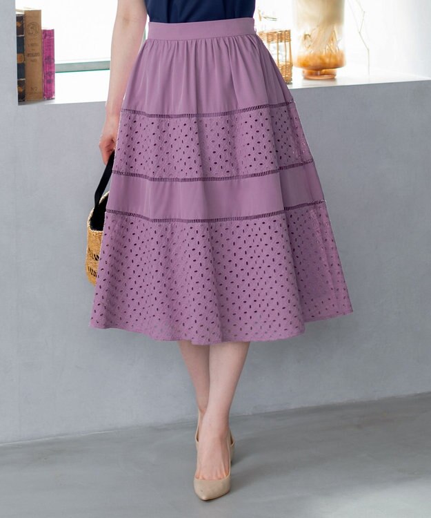 Tiaclasse L 【新色追加・洗える】幅広く活躍が期待できるレース切替スカート ラベンダー