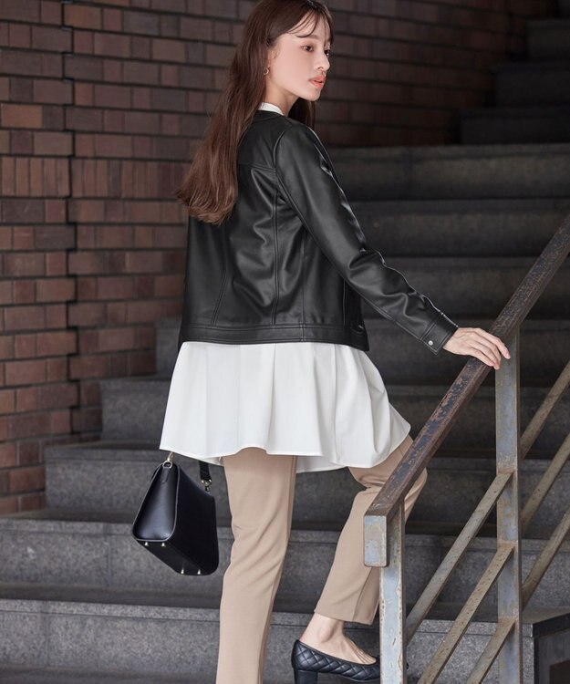 Tiaclasse L 【本革】ノーカラーシープレザージャケット ブラック