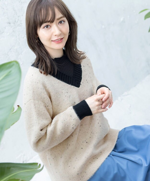 Tiaclasse L 【洗える】表情豊かなメランジニットVネックトップス アイボリー×ブラック