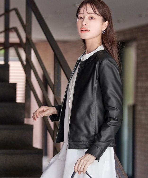 Tiaclasse L 【本革】ノーカラーシープレザージャケット ブラック