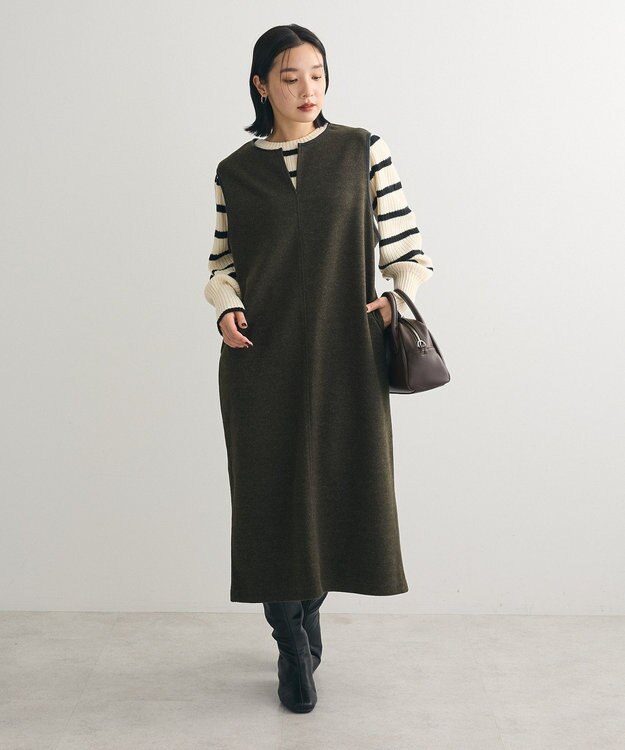 Green Parks 圧縮ポンチ合皮パイピングジャンスカ Dark Green