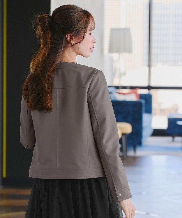 Tiaclasse L 【本革】ノーカラーシープレザージャケット モカ