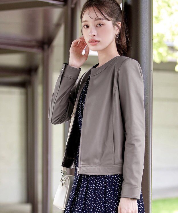 Tiaclasse 【本革】ノーカラーシープレザージャケット モカ