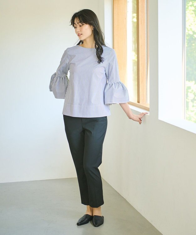 #Newans 【ANSWER for Co-Creation】ベルスリーブシンプルブラウス ネイビーストライプ系