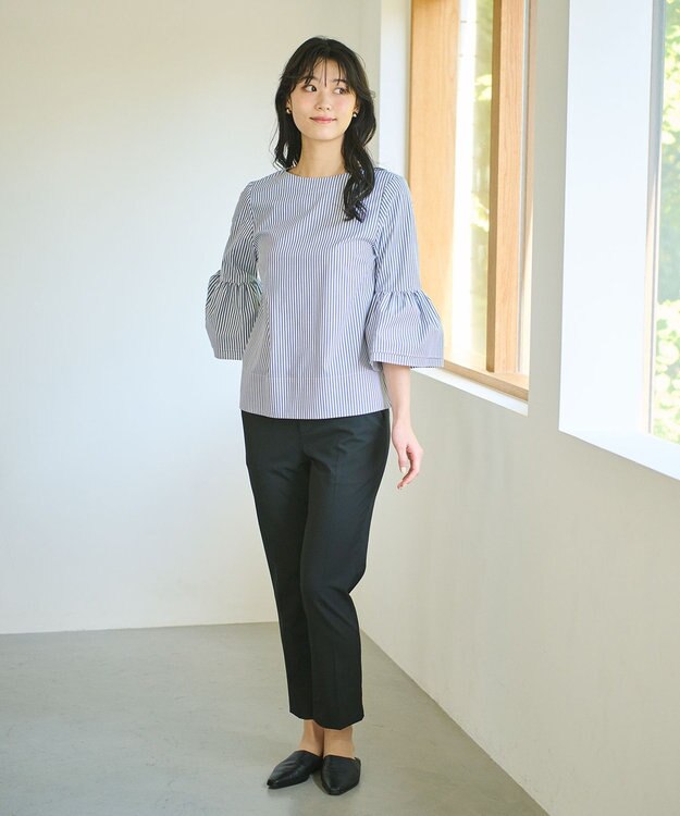 #Newans 【ANSWER for Co-Creation】ベルスリーブシンプルブラウス ネイビーストライプ系