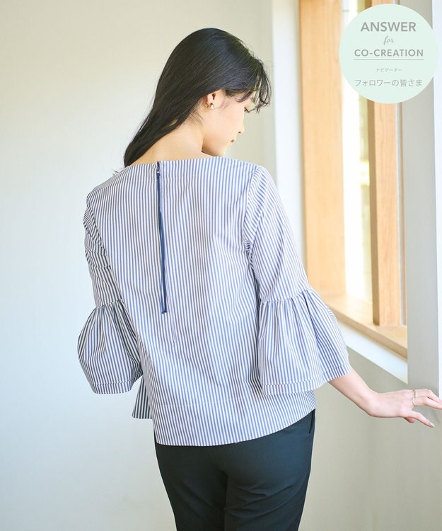 #Newans 【ANSWER for Co-Creation】ベルスリーブシンプルブラウス ネイビーストライプ系