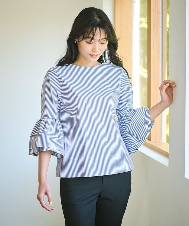 #Newans 【ANSWER for Co-Creation】ベルスリーブシンプルブラウス ネイビーストライプ系