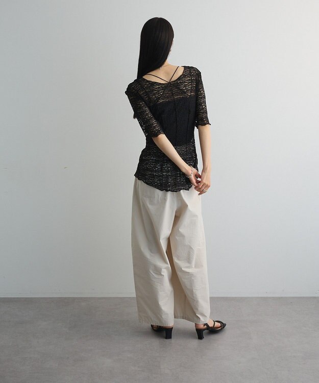 Green Parks カットワークデザインレース半袖トップス Black