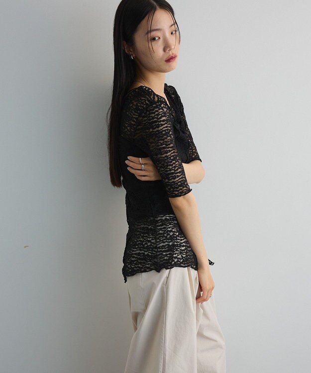 Green Parks カットワークデザインレース半袖トップス Black