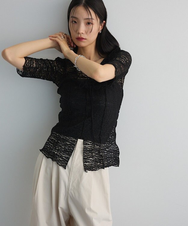 Green Parks カットワークデザインレース半袖トップス Black