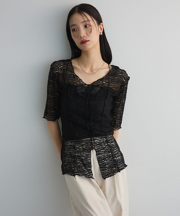 Green Parks カットワークデザインレース半袖トップス Black