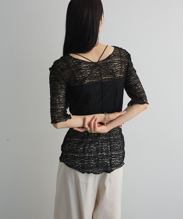 Green Parks カットワークデザインレース半袖トップス Black