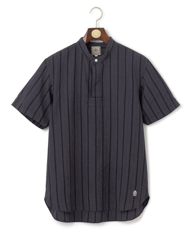 J.PRESS MEN 【HYBRID LINEN】ドビーストライプ バンドカラーラガーシャツ ネイビー系