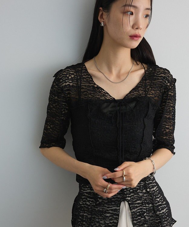 Green Parks カットワークデザインレース半袖トップス Black