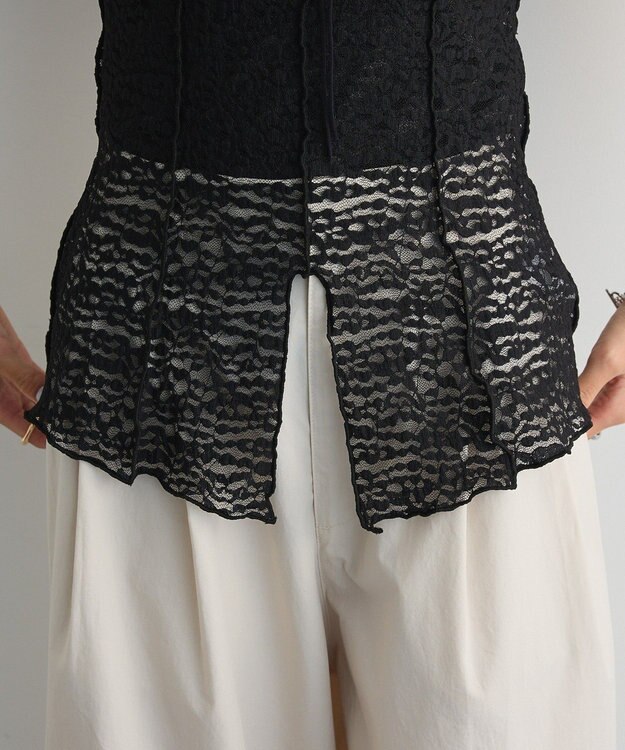 Green Parks カットワークデザインレース半袖トップス Black