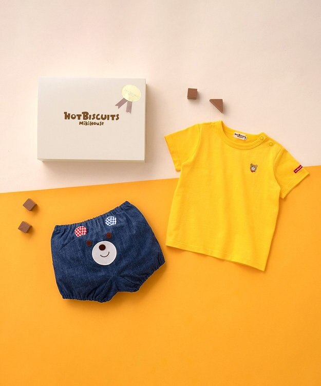 MIKI HOUSE HOT BISCUITS ワンポイント半袖Tシャツ＆顔ドンブルマギフトセット【BOX付き】 黄