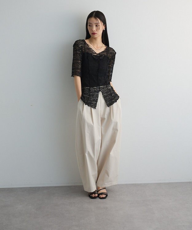 Green Parks カットワークデザインレース半袖トップス Black