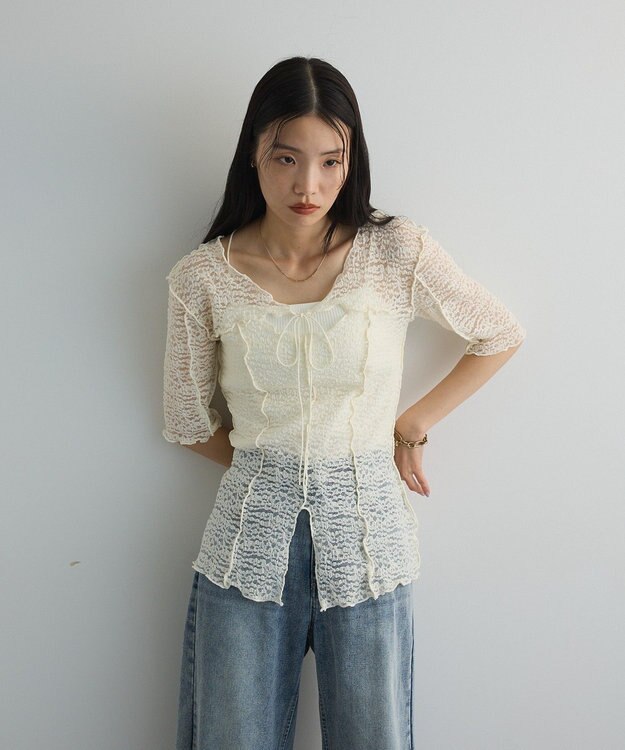 Green Parks カットワークデザインレース半袖トップス Off White