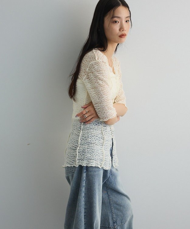 Green Parks カットワークデザインレース半袖トップス Off White