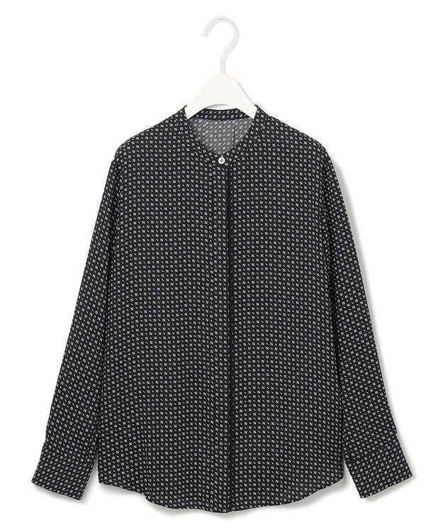 ICB L 【UVケア・速乾・洗える】BackSatinAmunzen バンドカラーブラウス ブラック×オフ柄系