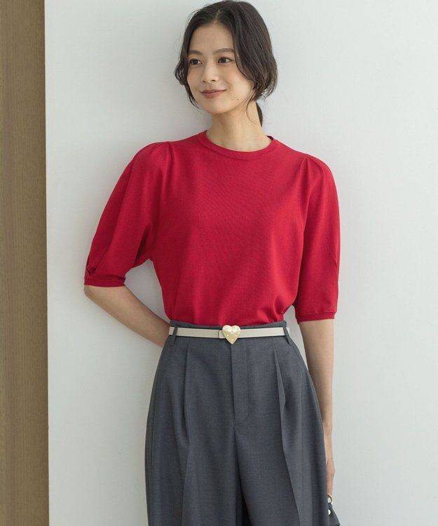 組曲 クルミボタン5分袖ニット レッド系